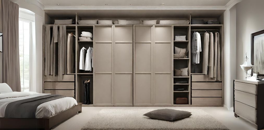 Beige wardrobe shutter design with internal layout - Beautiful Homes