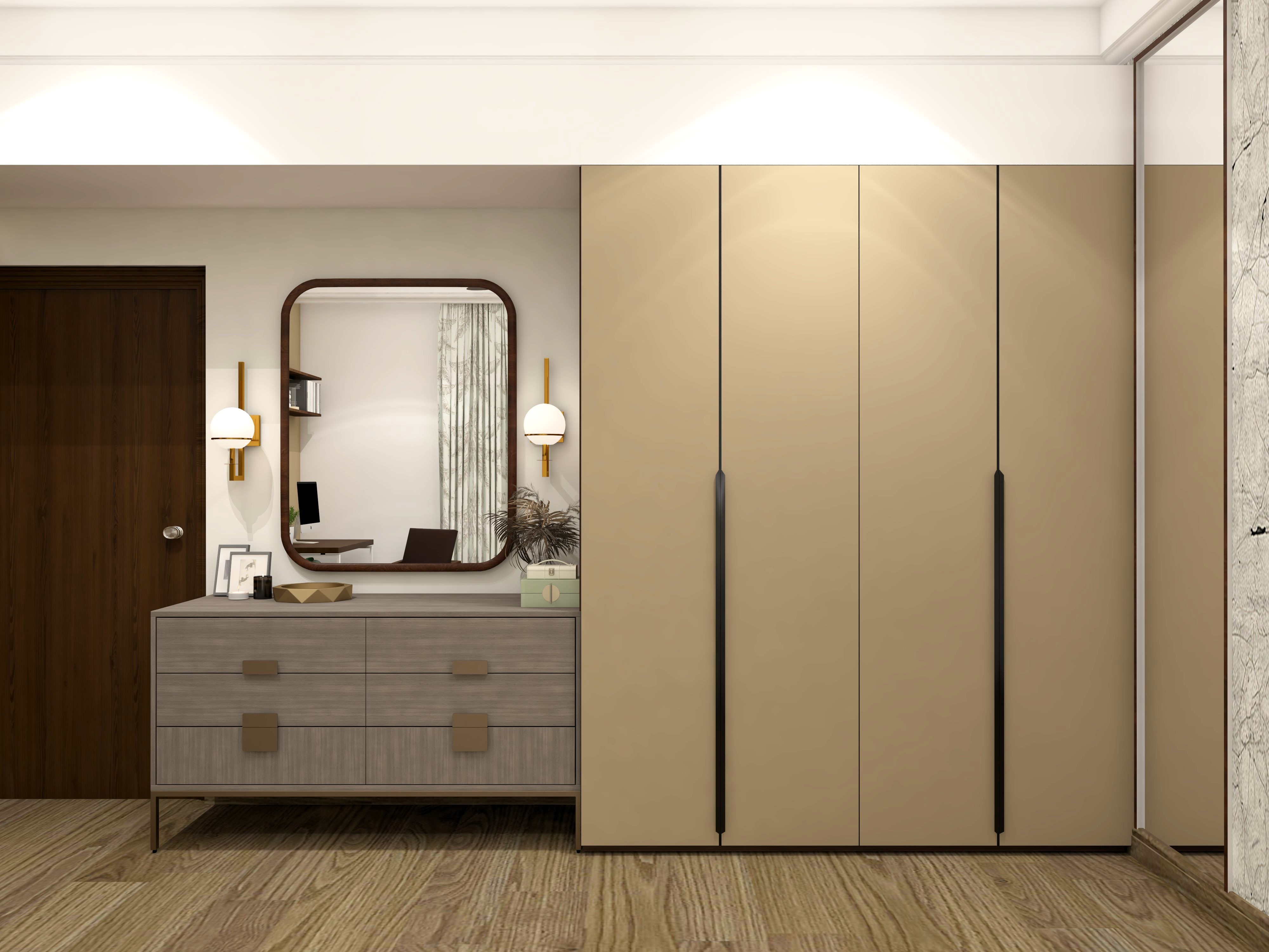 Beige wardrobe shutters with black handles and wooden dresser unit-Beautiful Homes