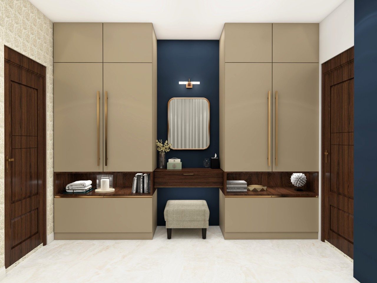 Beige wardrobe with golden handles and wooden in-built shelf-Beautiful Homes