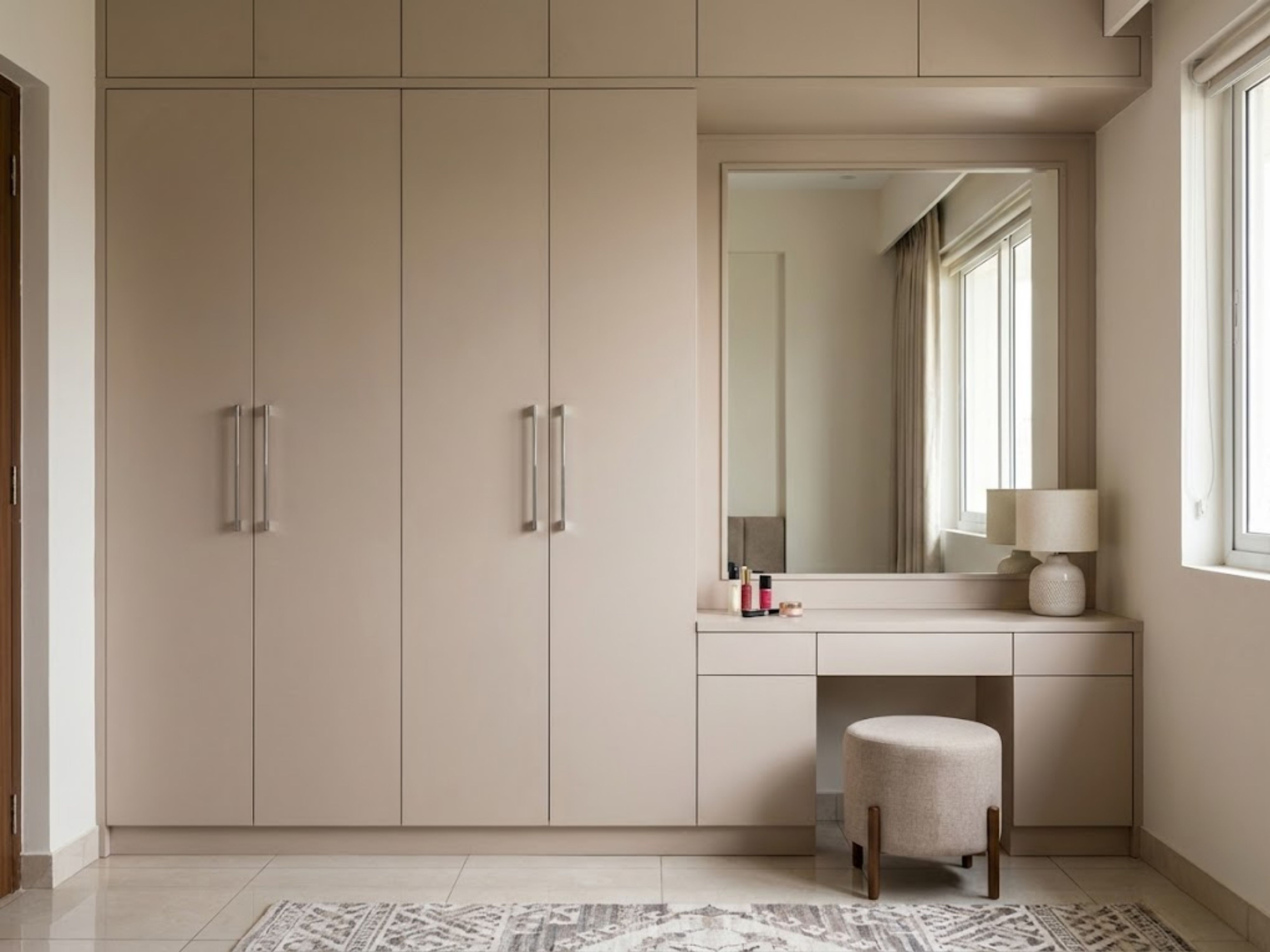 Beige wardrobe with dressing table and mirror - Beautiful Homes