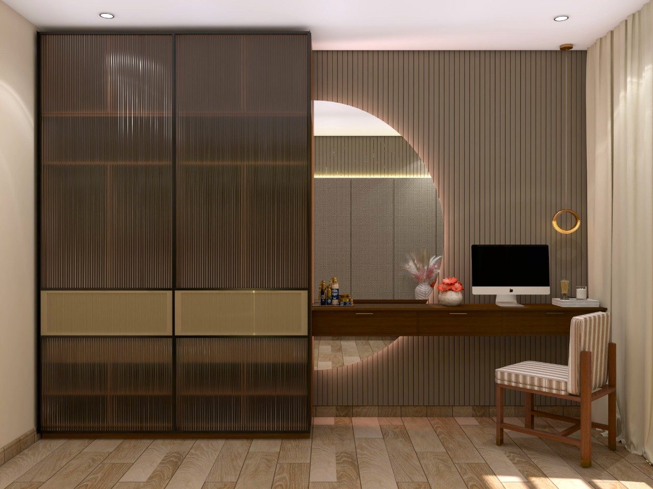 Black fluted glass wardrobe with incorporated study table and dresser - Beautiful Homes