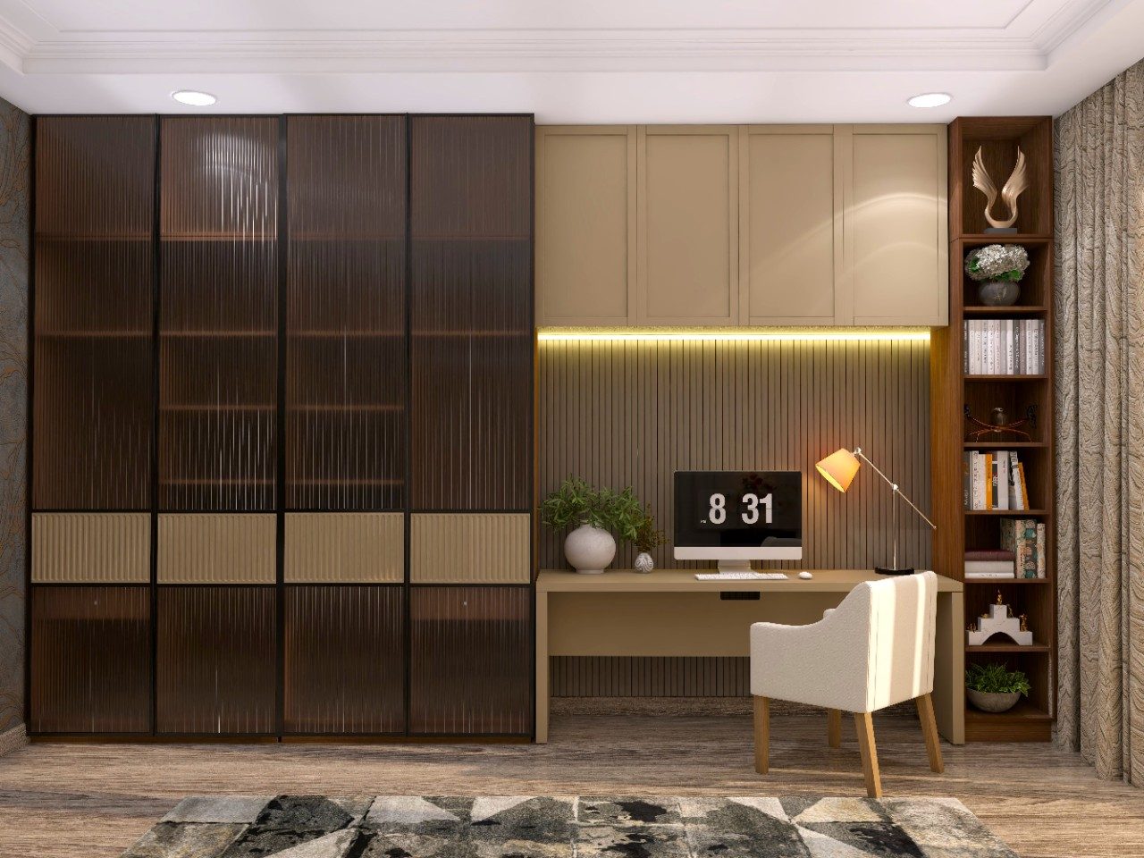 Black fluted wardrobe with integrated study table and shelves - Beautiful Homes