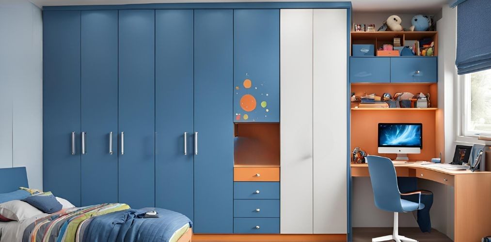 Blue wardrobe with integrated study unit for kid's bedroom - Beautiful Homes