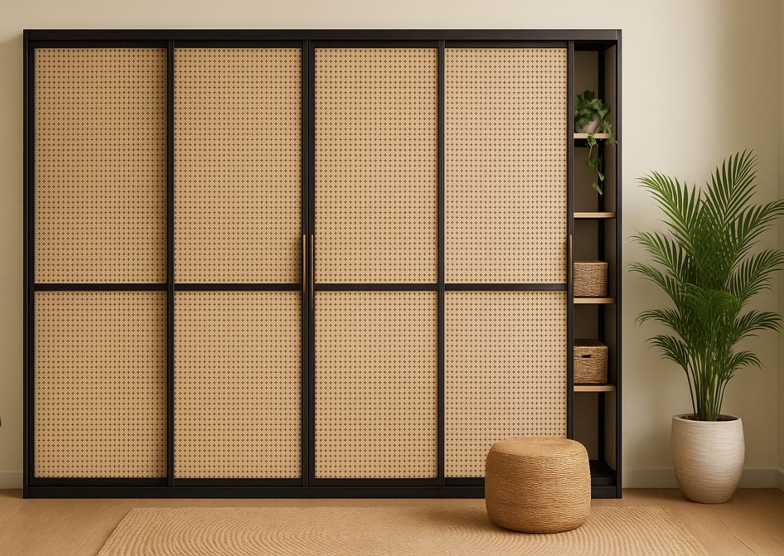 Bohemian wardrobe with natural cane shutters and black metal frame - Beautiful Homes