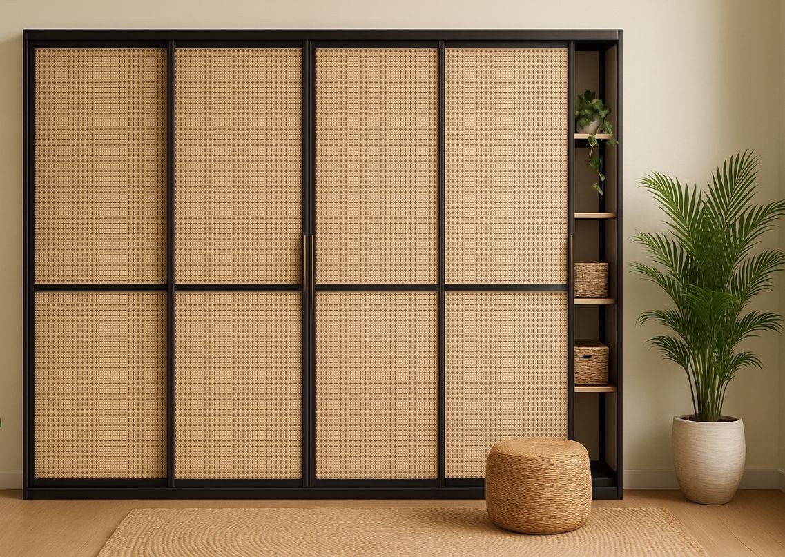 Bohemian wardrobe with natural cane shutters and black metal frame - Beautiful Homes
