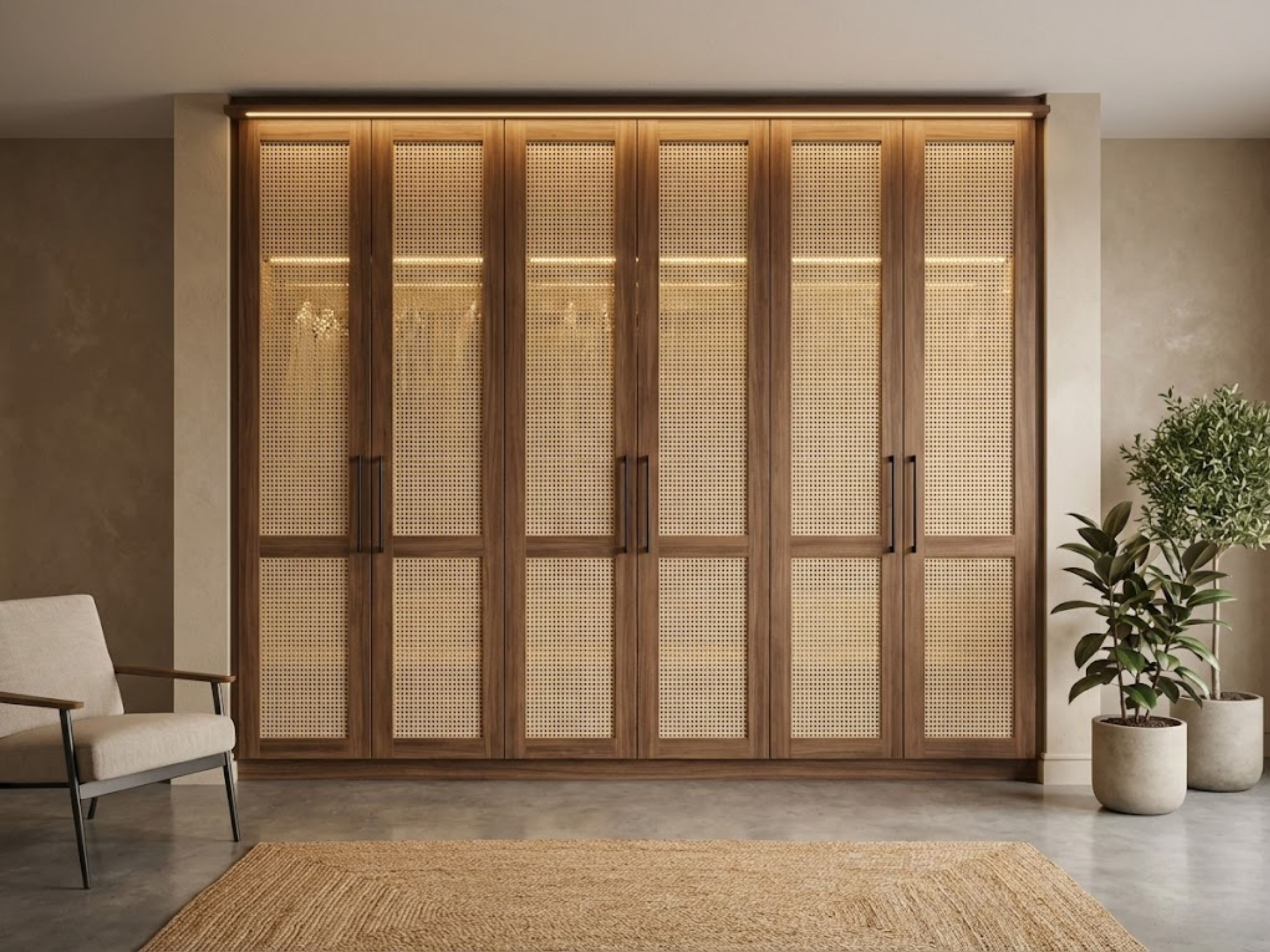 Wooden wardrobe with rattan panels and black handles - Beautiful Homes