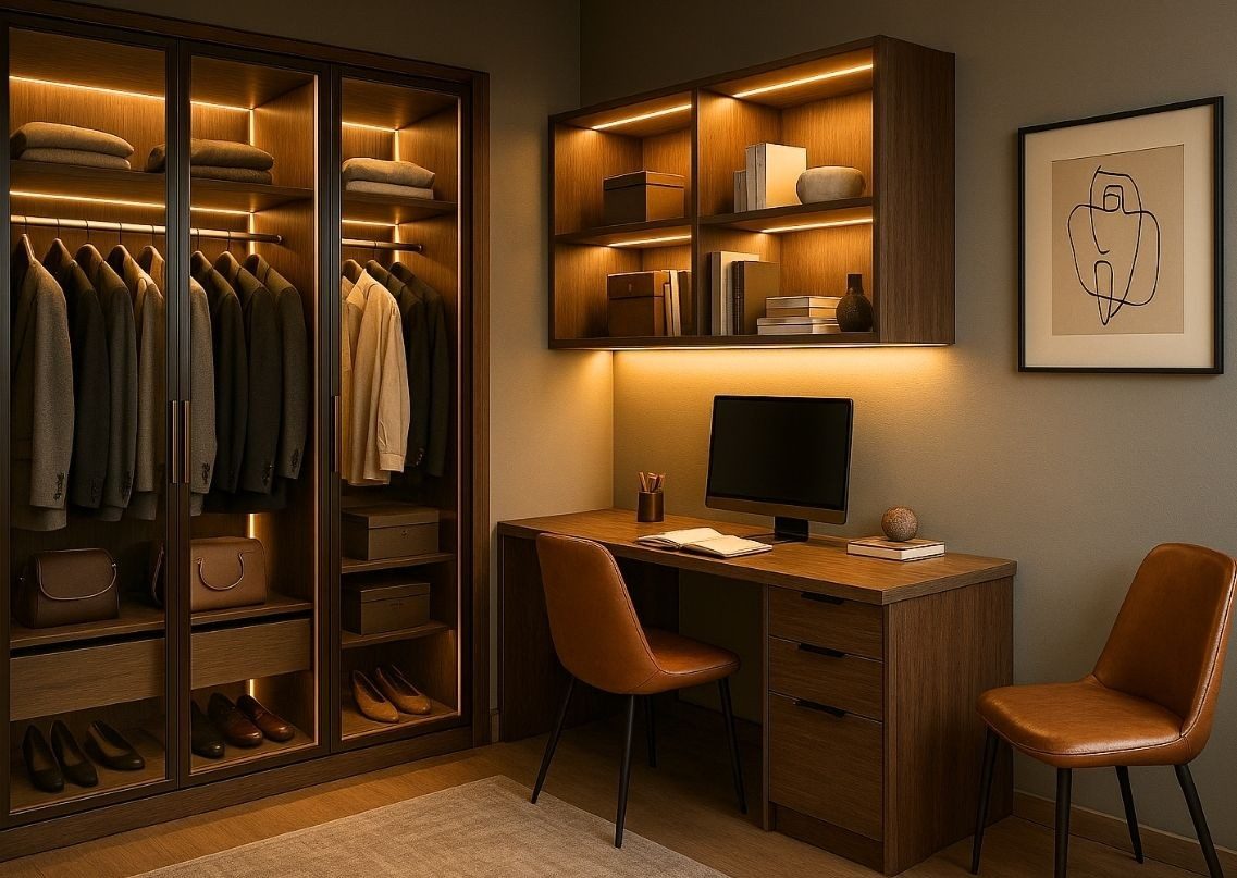 Study area with wardrobe and warm lighting - Beautiful Homes