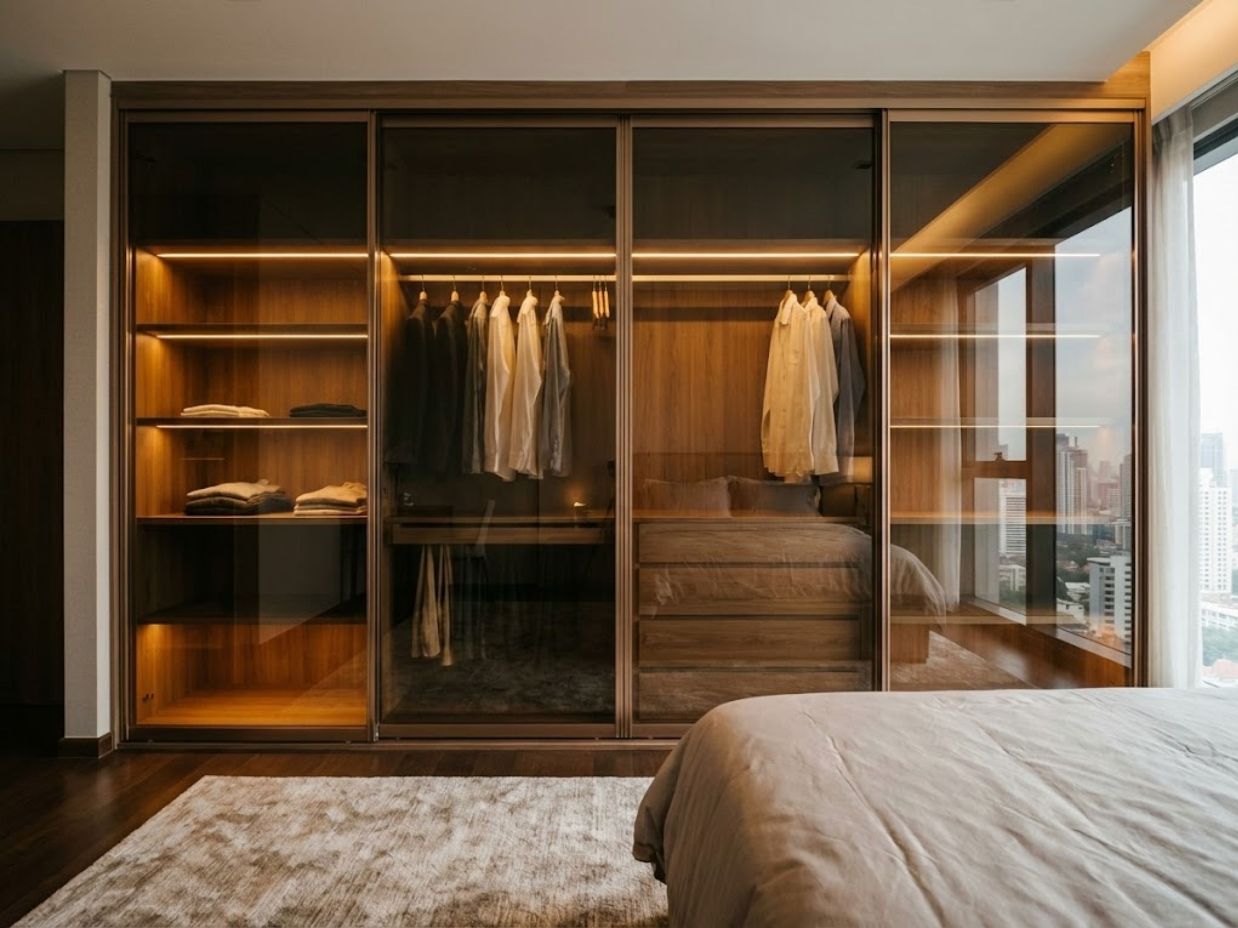 Modern wooden wardrobe with glass doors and lighting - Beautiful Homes