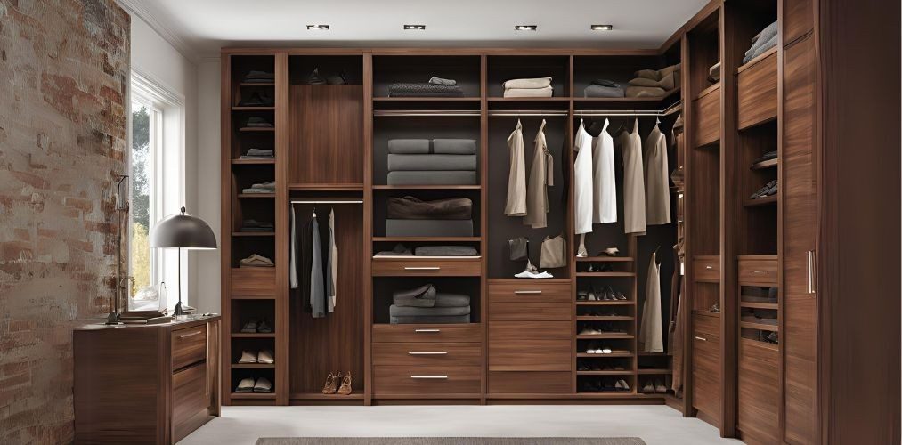 Cherry wood l-shaped walk-in wardrobe design - Beautiful Homes