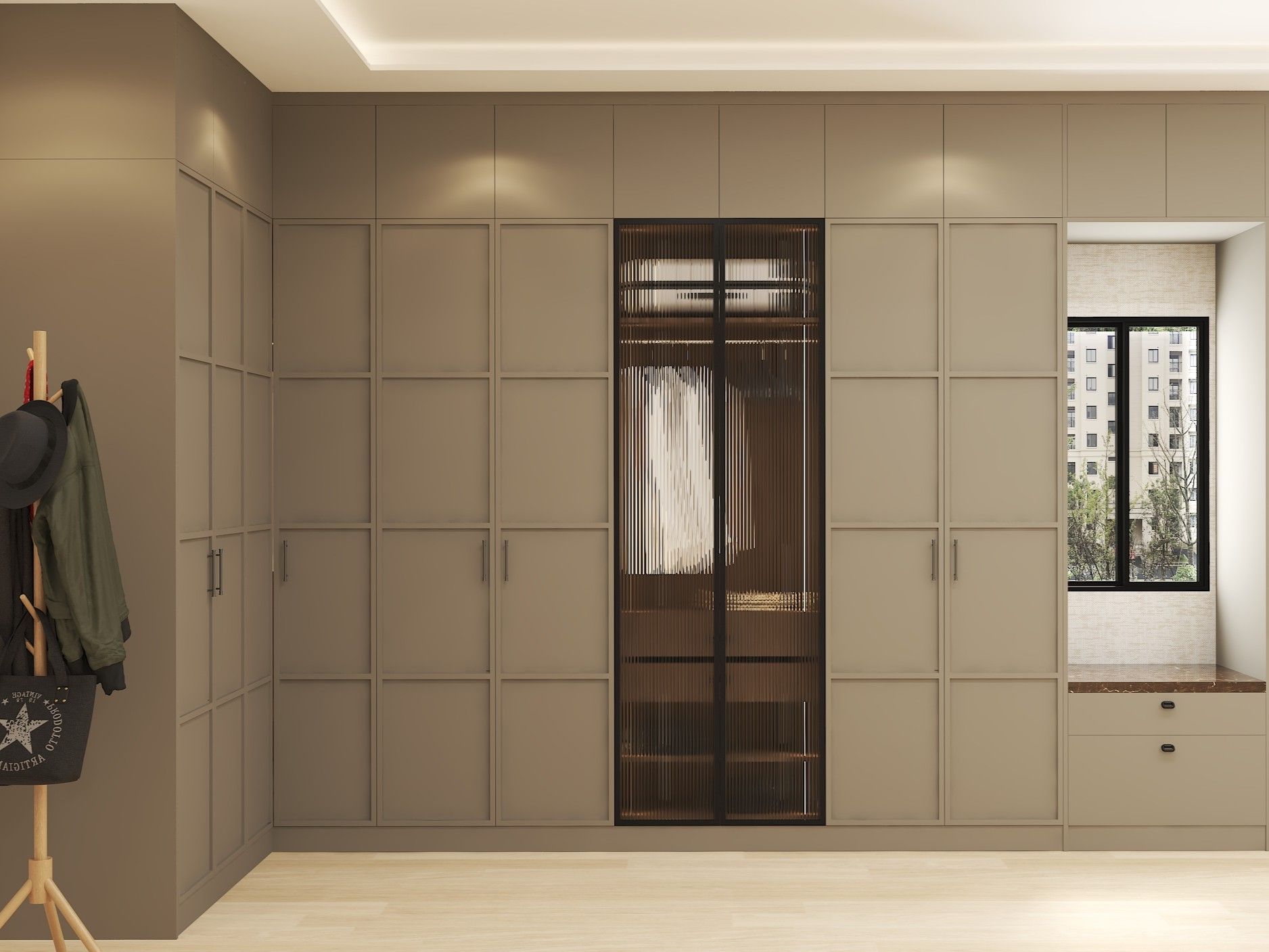 Beige wardrobe with glass sliding door design - Beautiful Homes