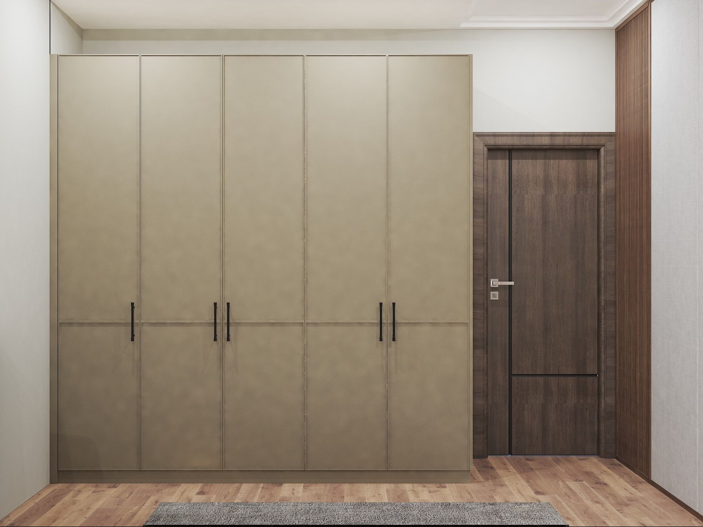 Contemporary beige wardrobes, a dark wooden door, and textured accents - Beautiful Homes.