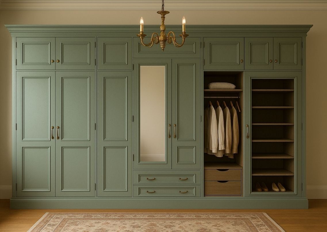 Green wardrobe with mirror and organized shelves - Beautiful Homes