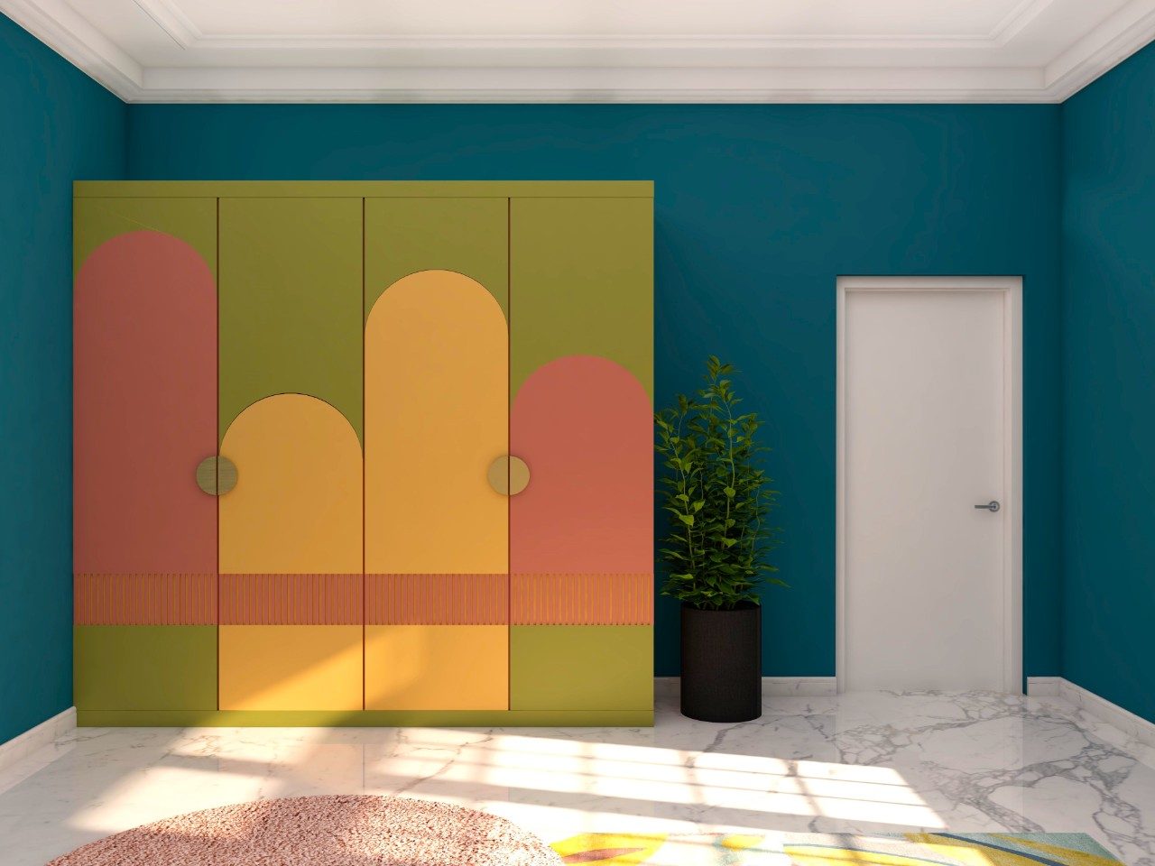 Colorful wardrobe with teal blue walls-Beautiful Homes