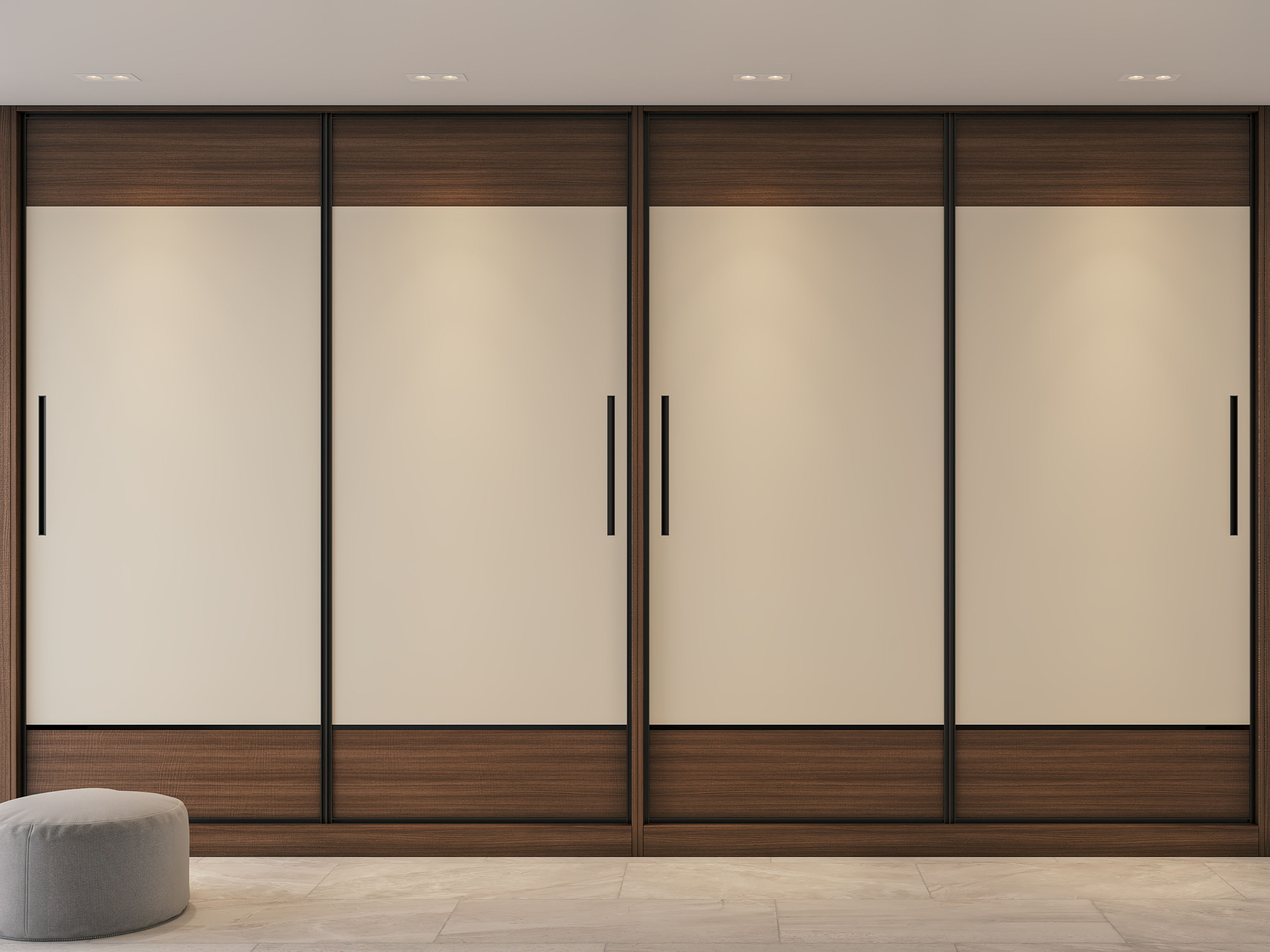 Minimalist wardrobe featuring dark wood and cream sliding panels with black accents - Beautiful Homes