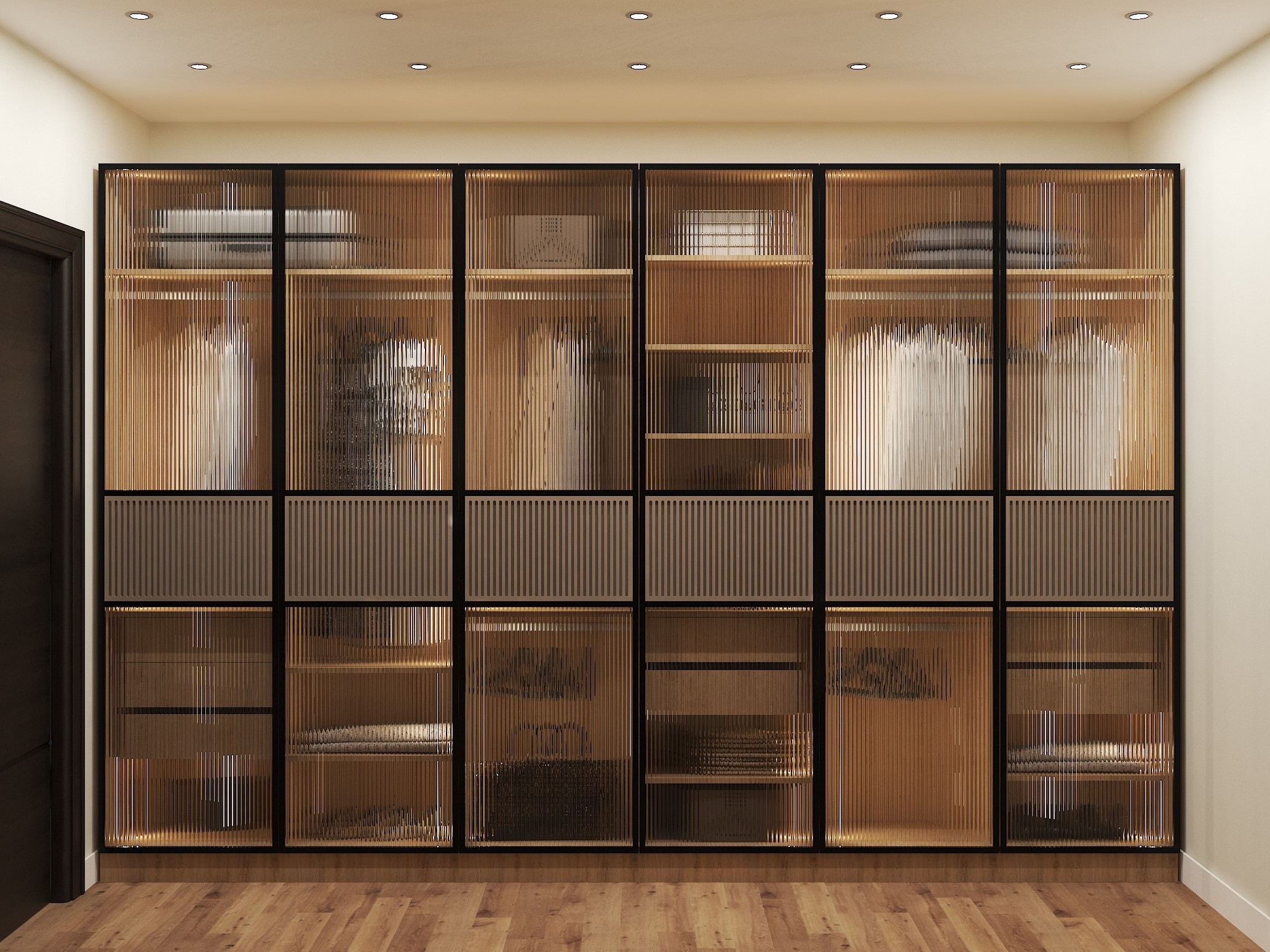 Glass wardrobe with wooden finish and sliding shutters - Beautiful Homes