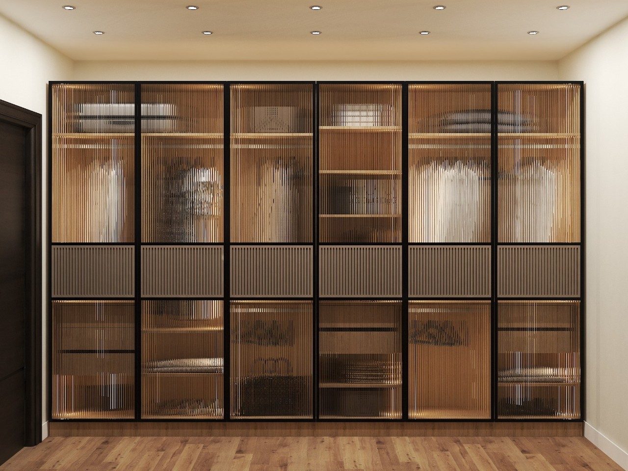 Glass wardrobe with wooden finish and sliding shutters - Beautiful Homes