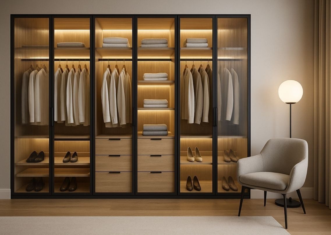 Modern wardrobe with glass panels and lighting - Beautiful Homes