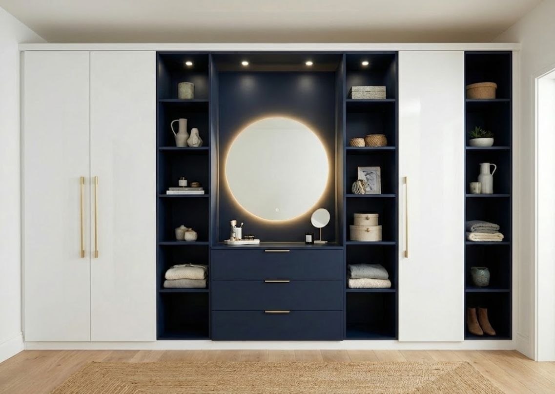 Modern wardrobe with mirror and shelving design - Beautiful Homes