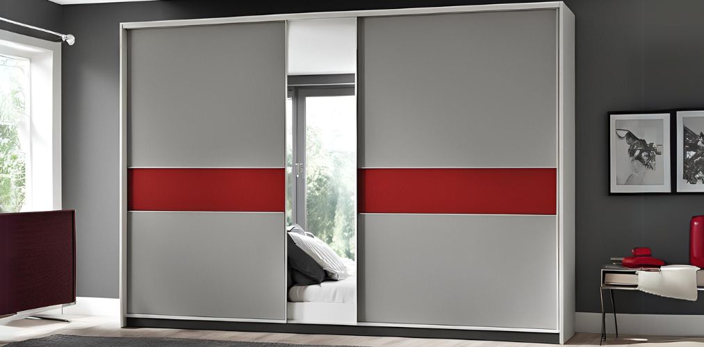 Contemporary grey and red sliding wardrobe with mirror - Beautiful Homes