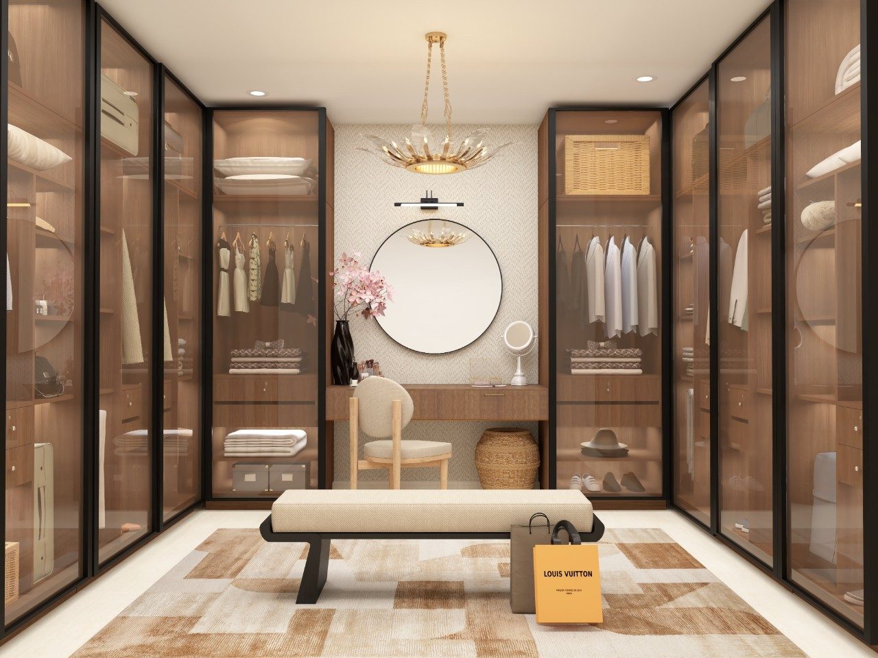 Contemporary walk-in closet with glazed wardrobe - Beautiful Homes