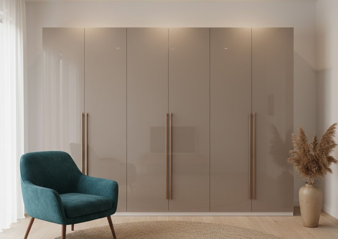 Glossy beige wardrobe with modern handles design - Beautiful Homes