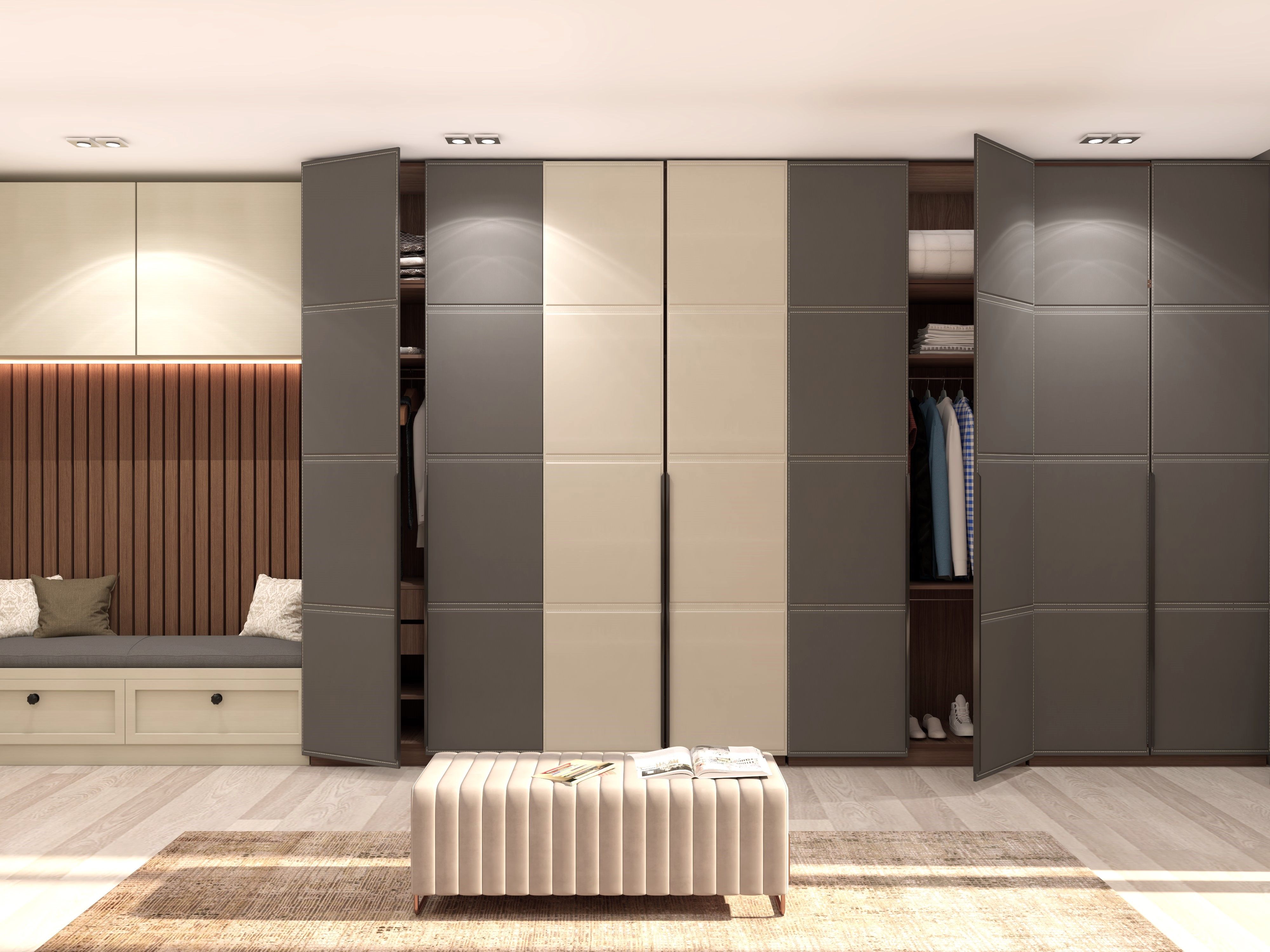 Modern sliding wardrobe with beige and grey panels - Beautiful Homes