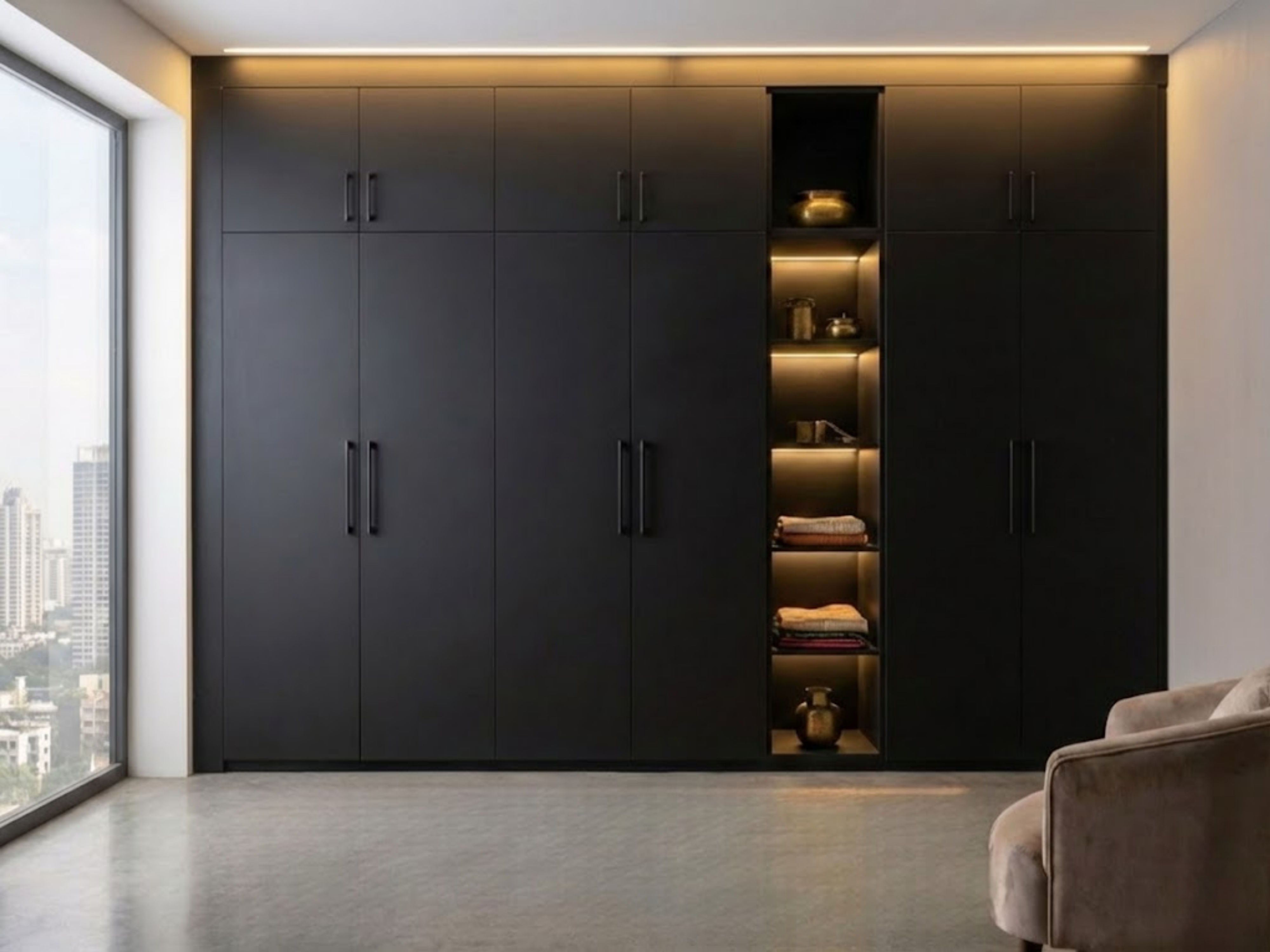 Black wardrobe with shelves and integrated lighting - Beautiful Homes