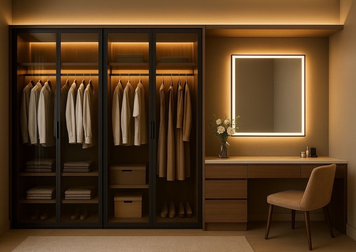 Wardrobe with lighting and dressing table setup - Beautiful Homes