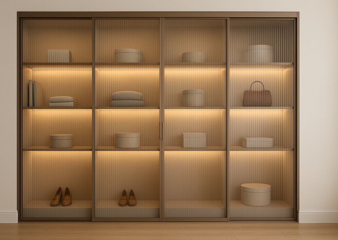 Glass wardrobe with warm lighting and shelves - Beautiful Homes