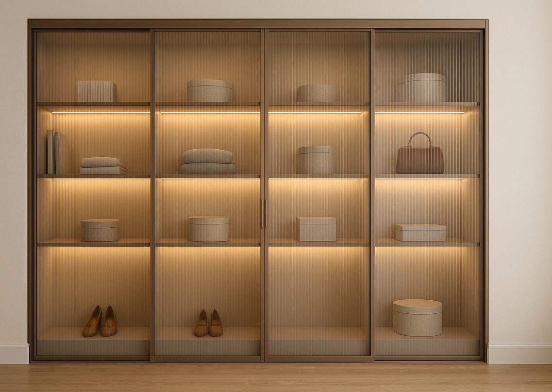 Glass wardrobe with warm lighting and shelves - Beautiful Homes