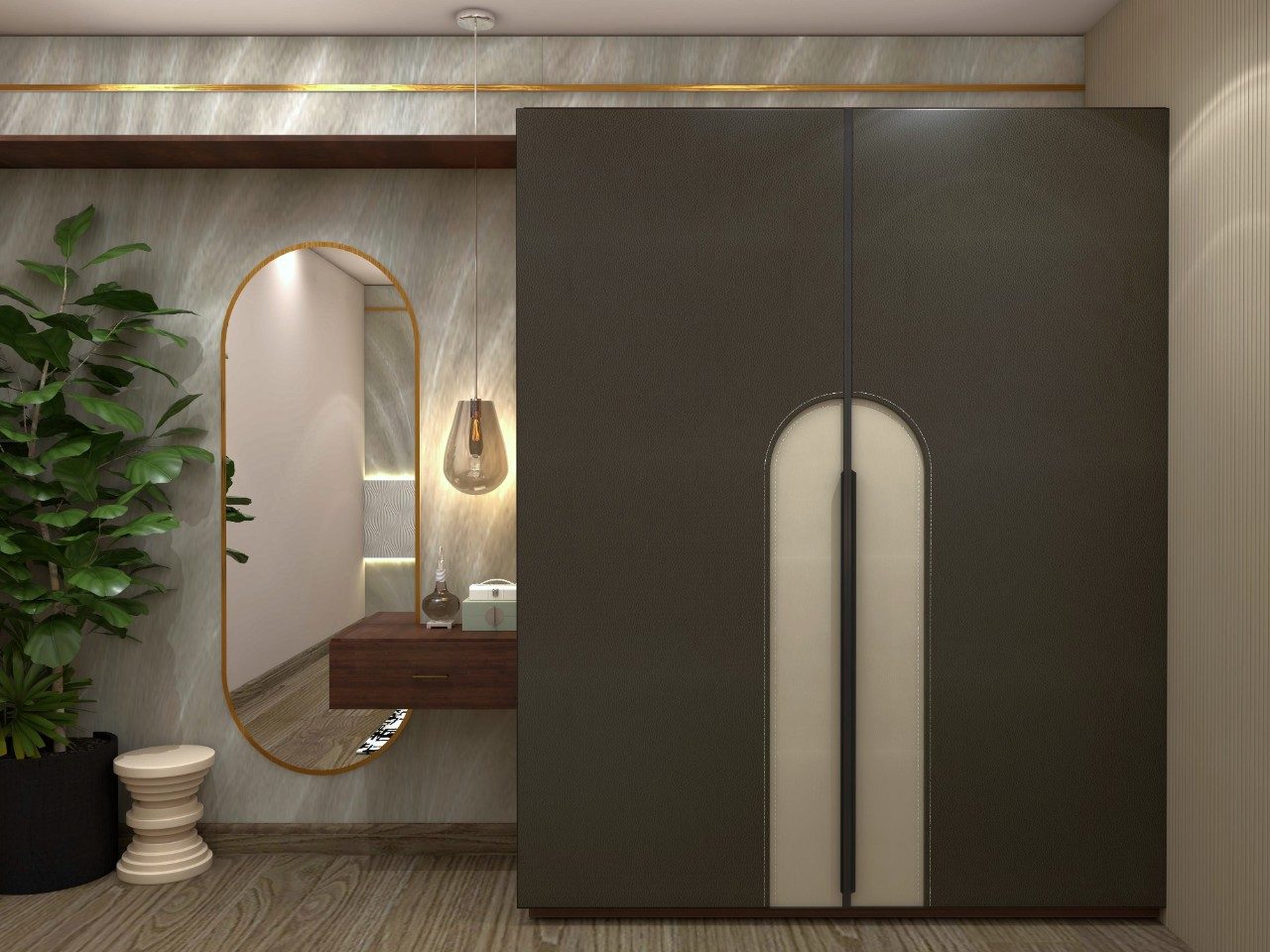 Corner grey swing wardrobe with capsule shaped mirror-Beautiful Homes