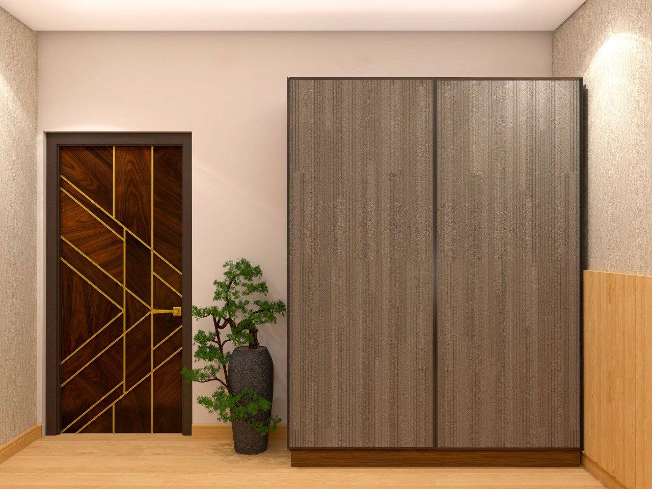 Corner sliding wardrobe with wooden laminate-Beautiful Homes