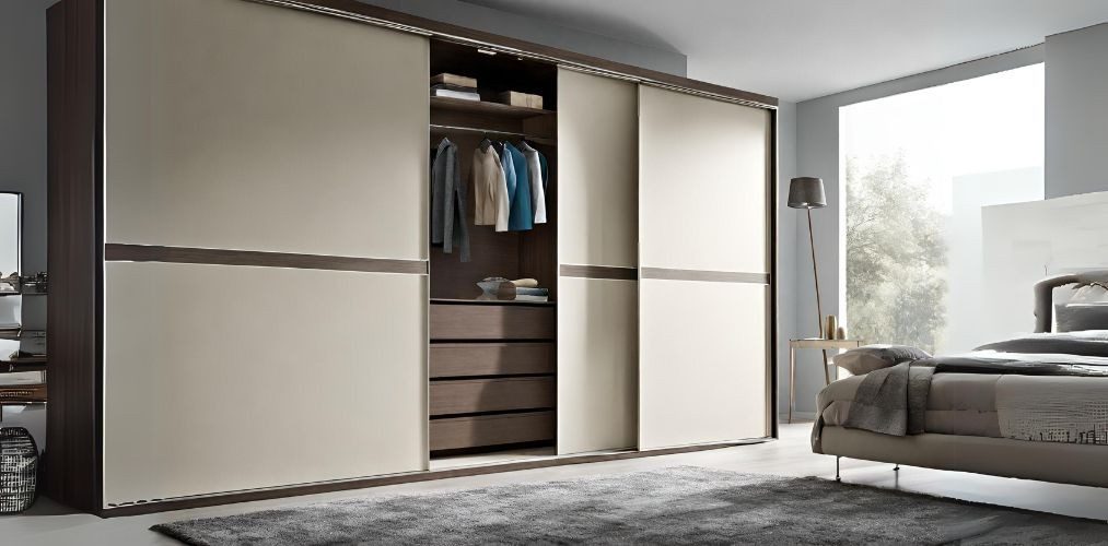 Cream and brown sliding wardrobe design with drawers - Beautiful Homes