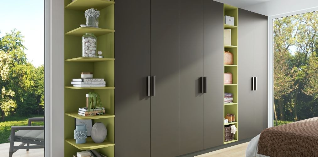 Dark grey cupboard with green shelves for bedroom-Beautiful Homes