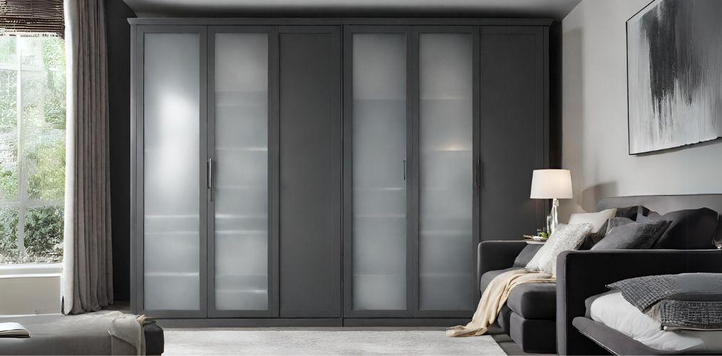 Dark grey wardrobe with frosted glass shutter-Beautiful Homes