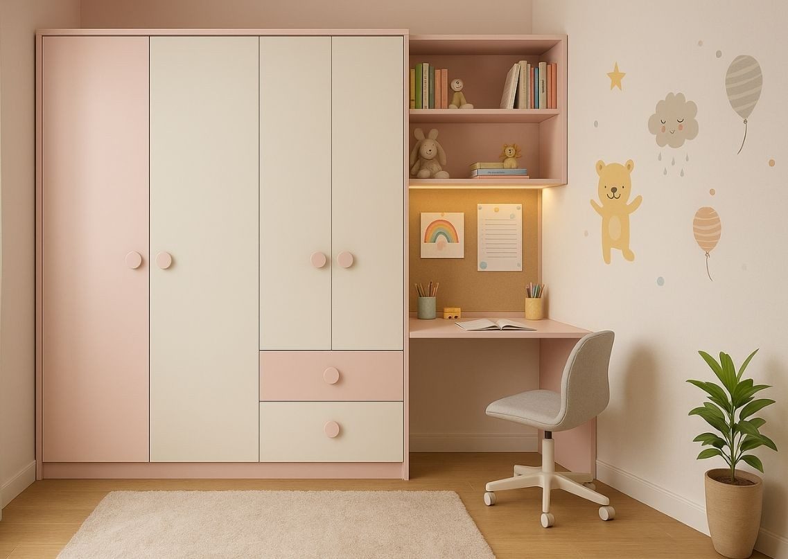 Kids room with wardrobe and study table setup - Beautiful Homes