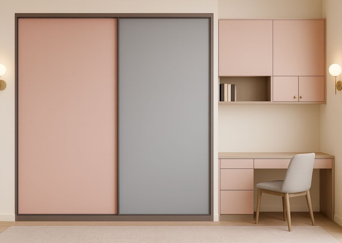 Pastel wardrobe with sliding doors and study table - Beautiful Homes