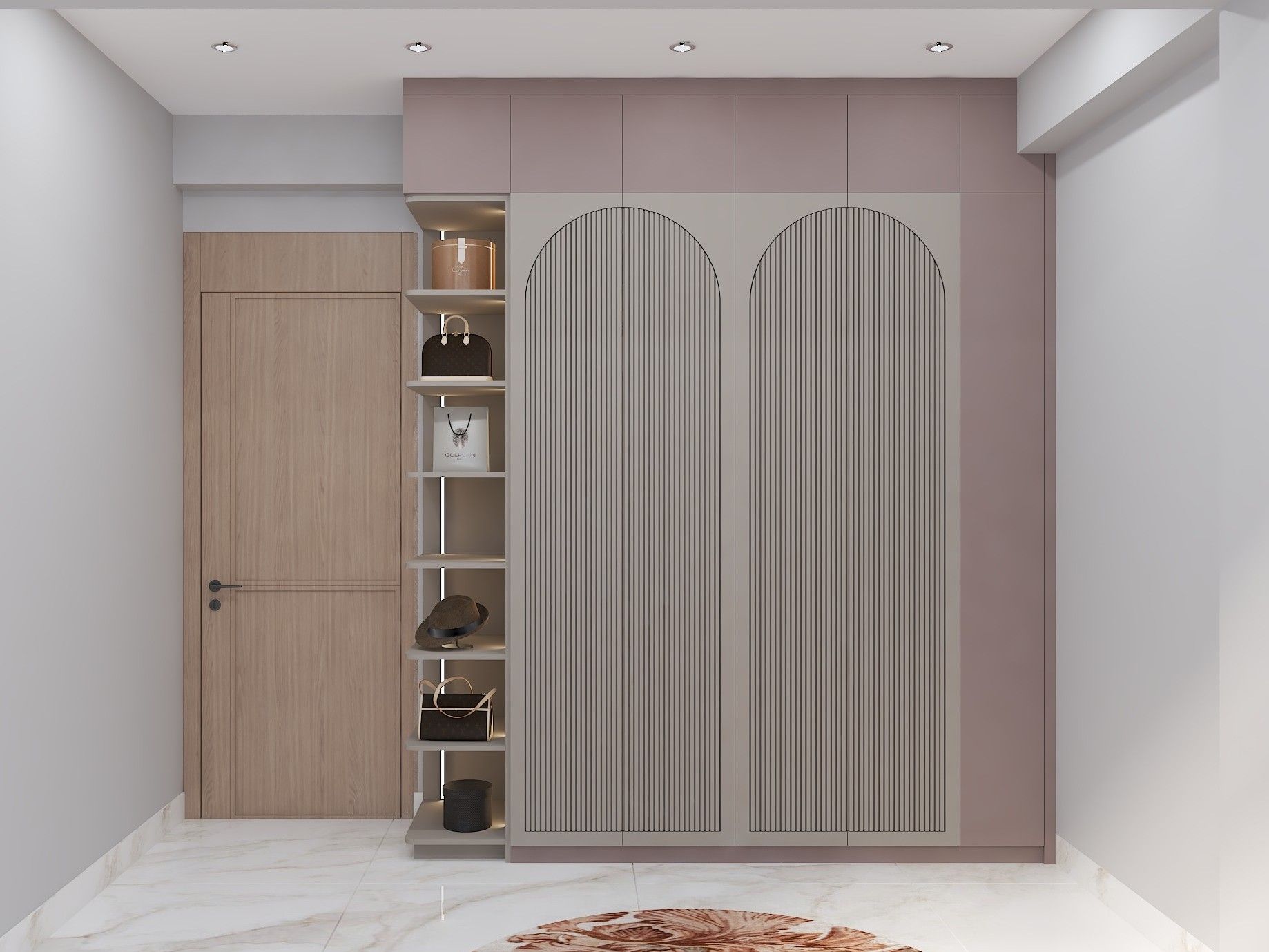Wardrobe with arched panels and open storage shelves - Beautiful Homes