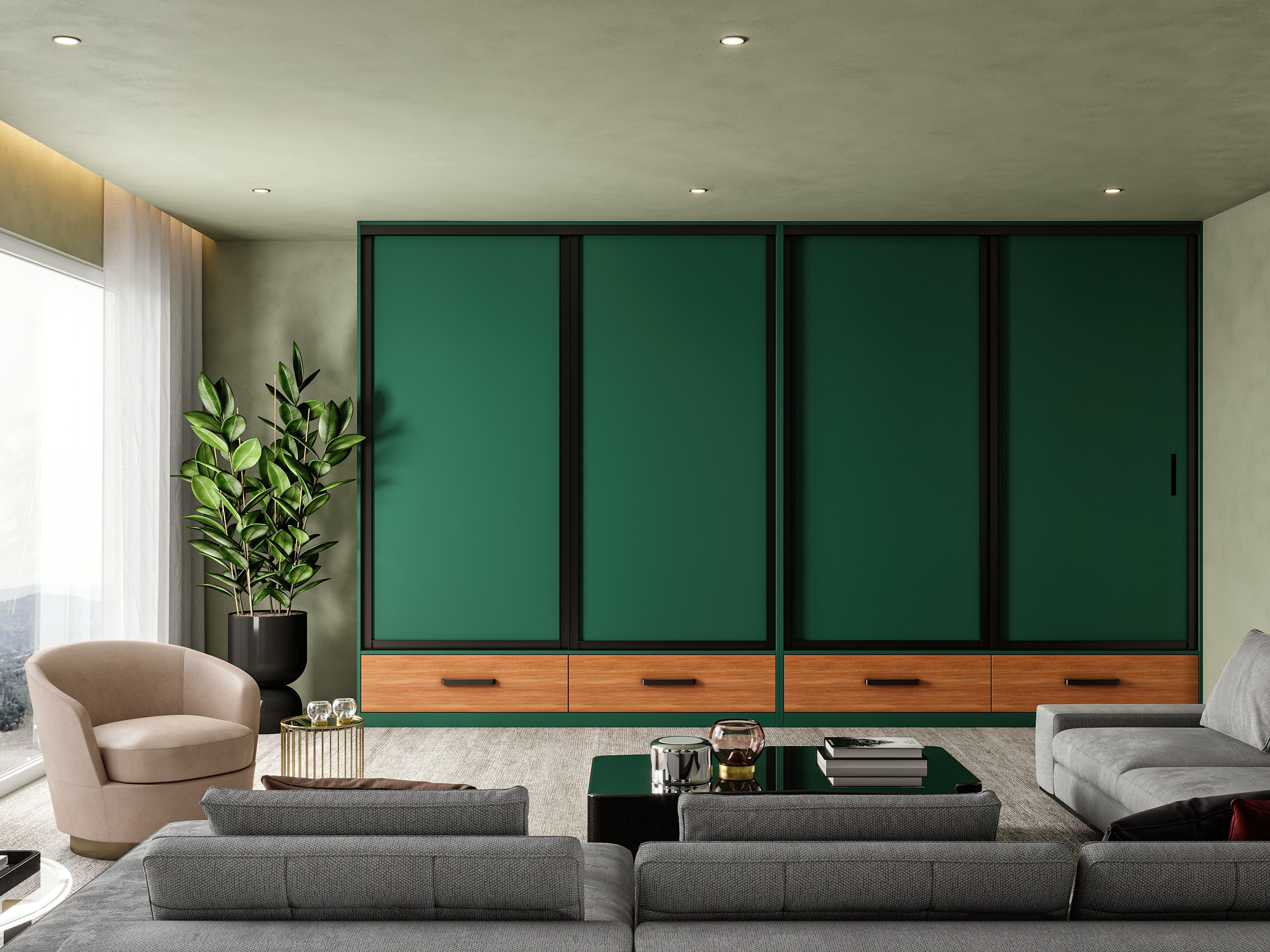 Stylish living room featuring a green wardrobe, gray sectional sofa, and golden accents - Beautiful Homes