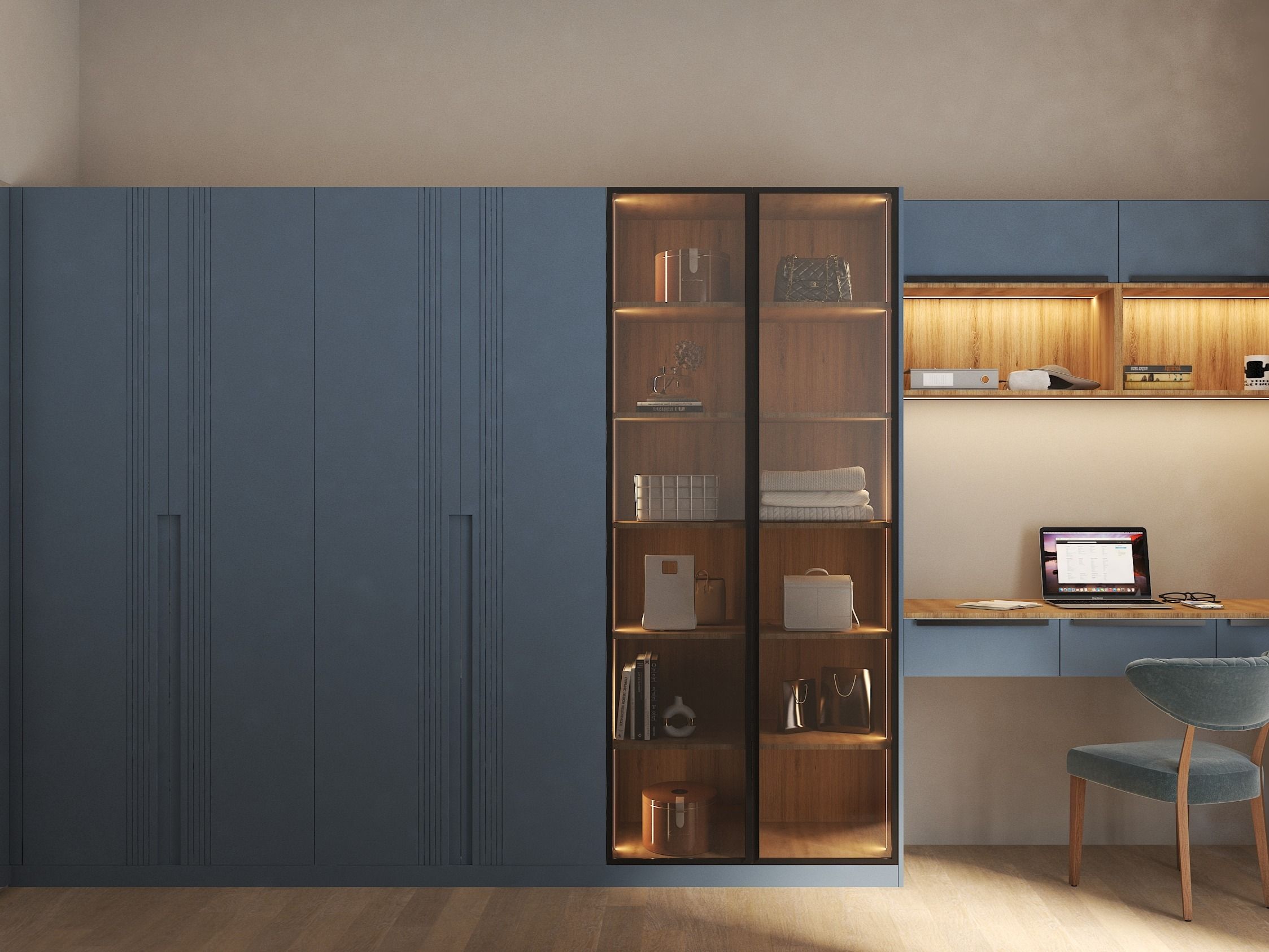 Contemporary room featuring dusty blue wardrobes, a display unit, and a functional desk - Beautiful Homes
