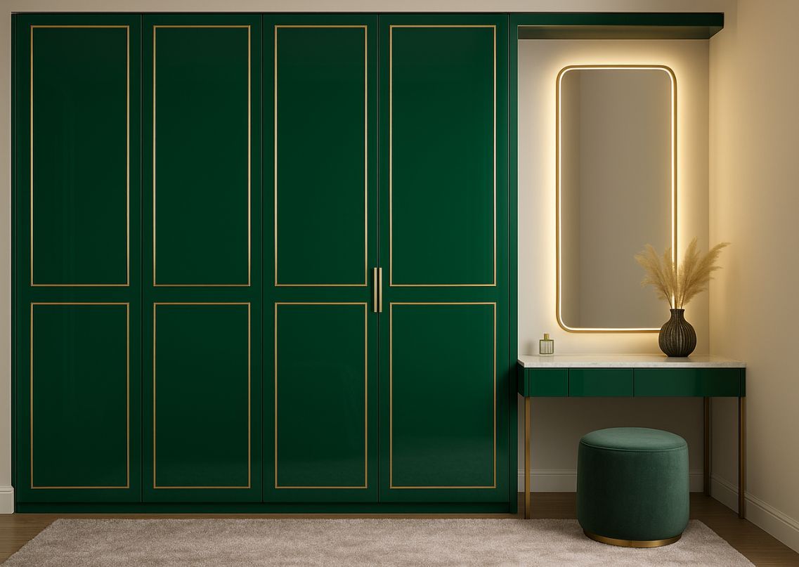 Green wardrobe with gold trim and dressing mirror - Beautiful Homes