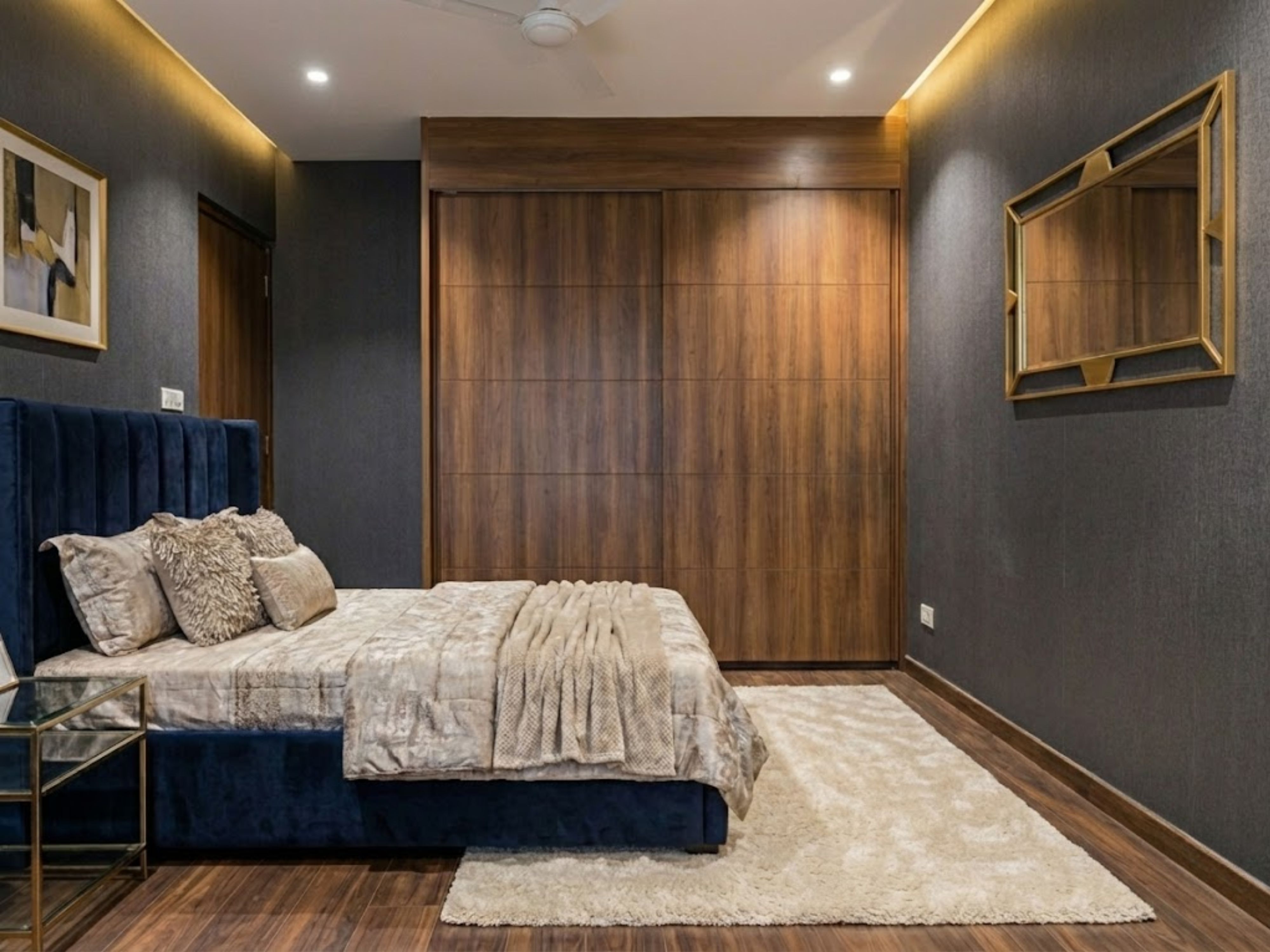 Modern bedroom with upholstered bed and wooden wardrobe - Beautiful Homes