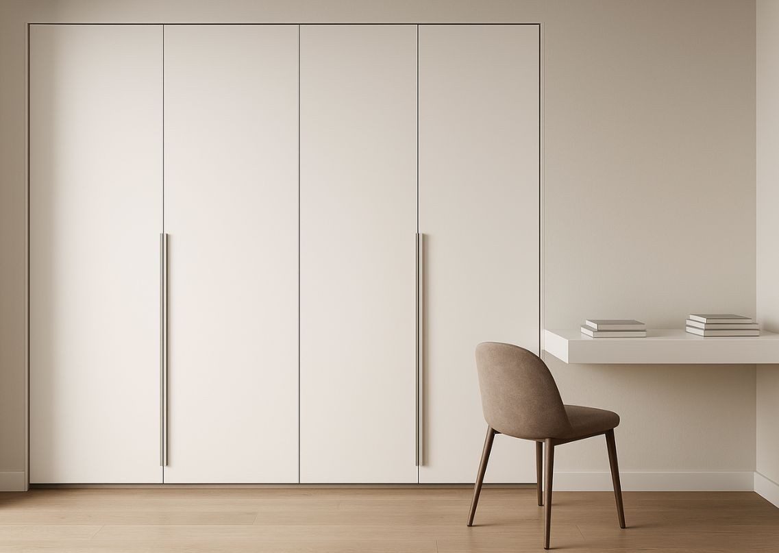 Beige wardrobe with study table and sleek handles - Beautiful Homes