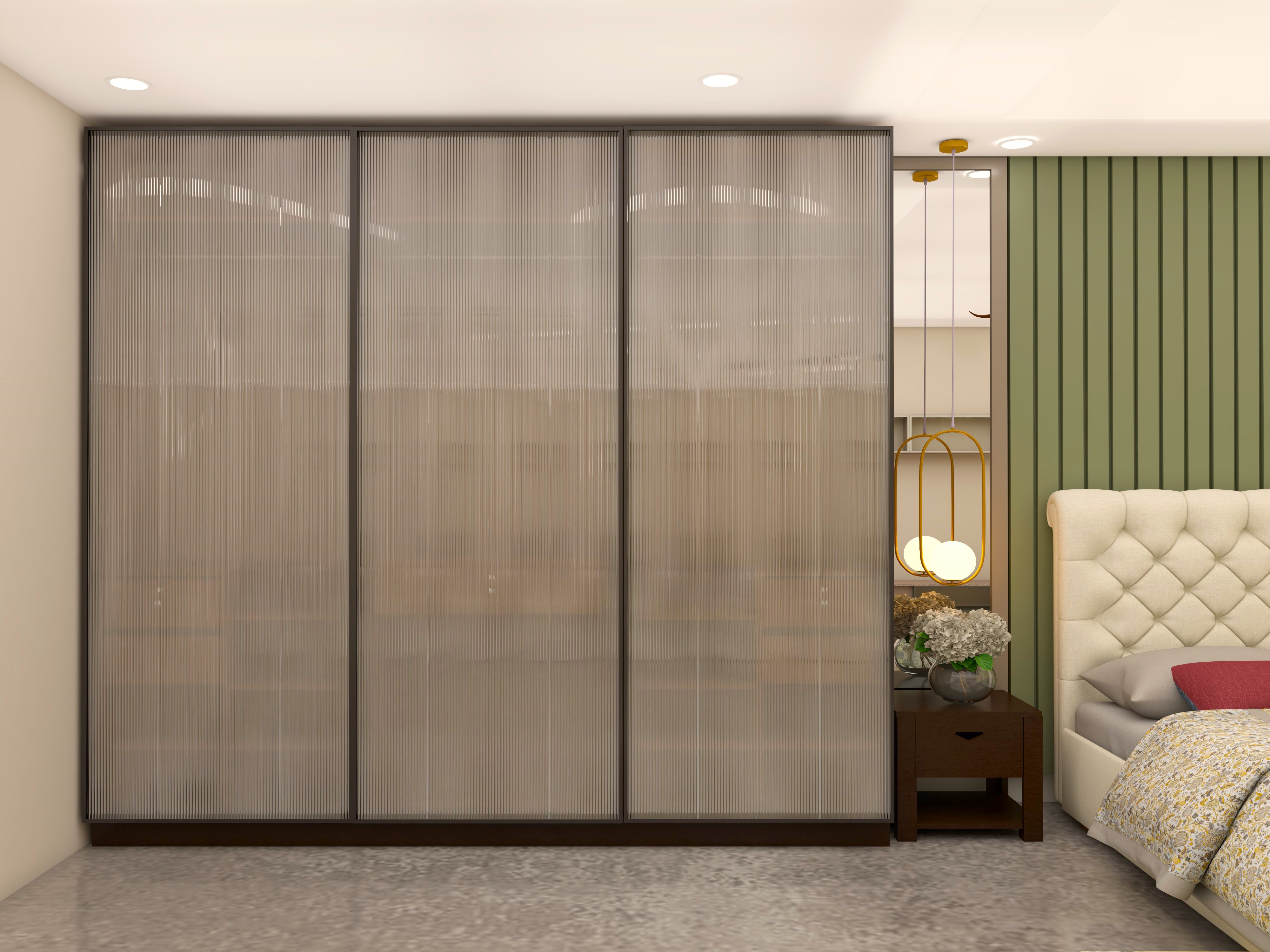 Fluted glass sliding wardrobe with hanging lights-Beautiful Homes