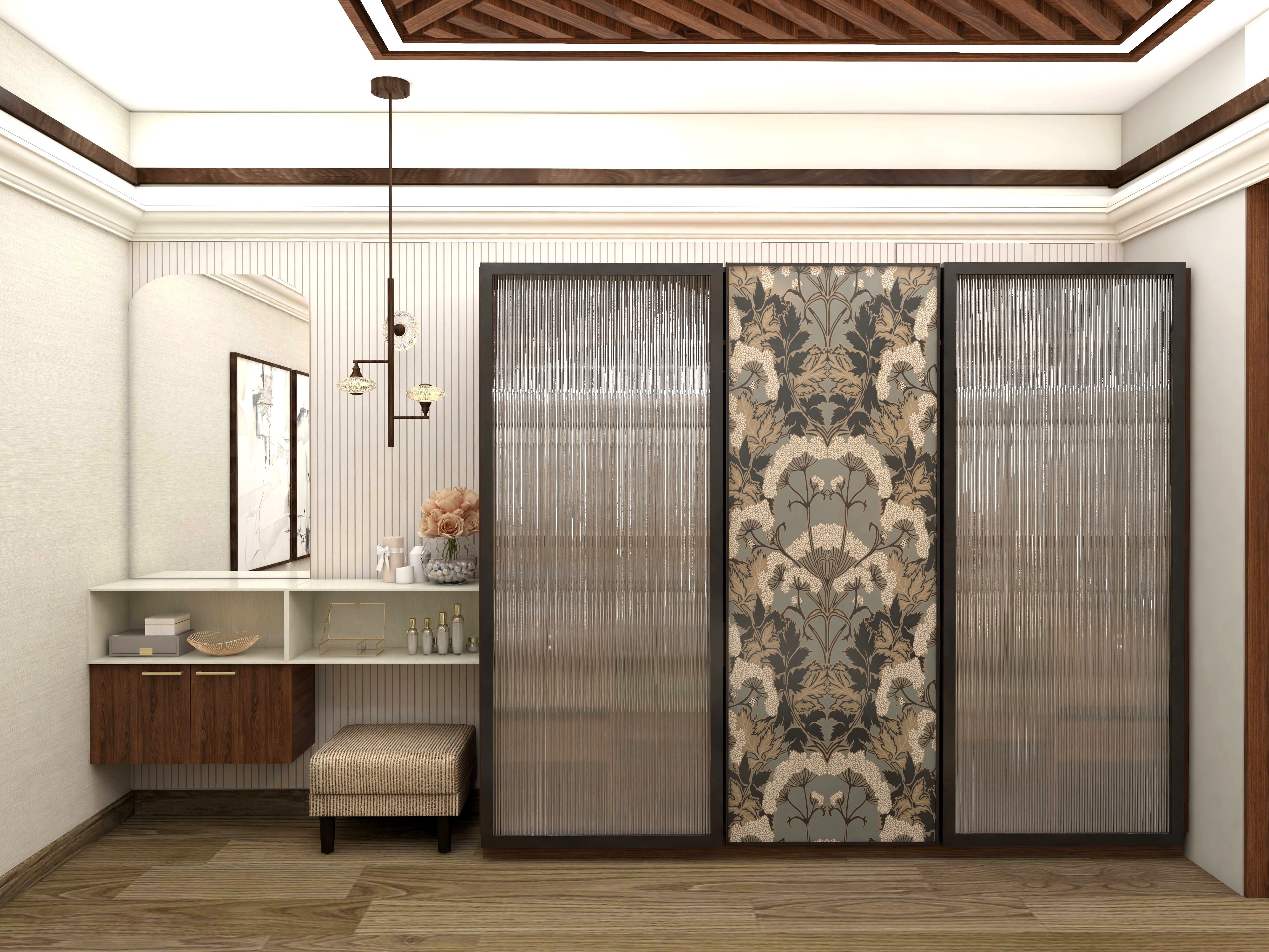 Fluted glass wardrobe shutters with traditional motif in center-Beautiful Homes