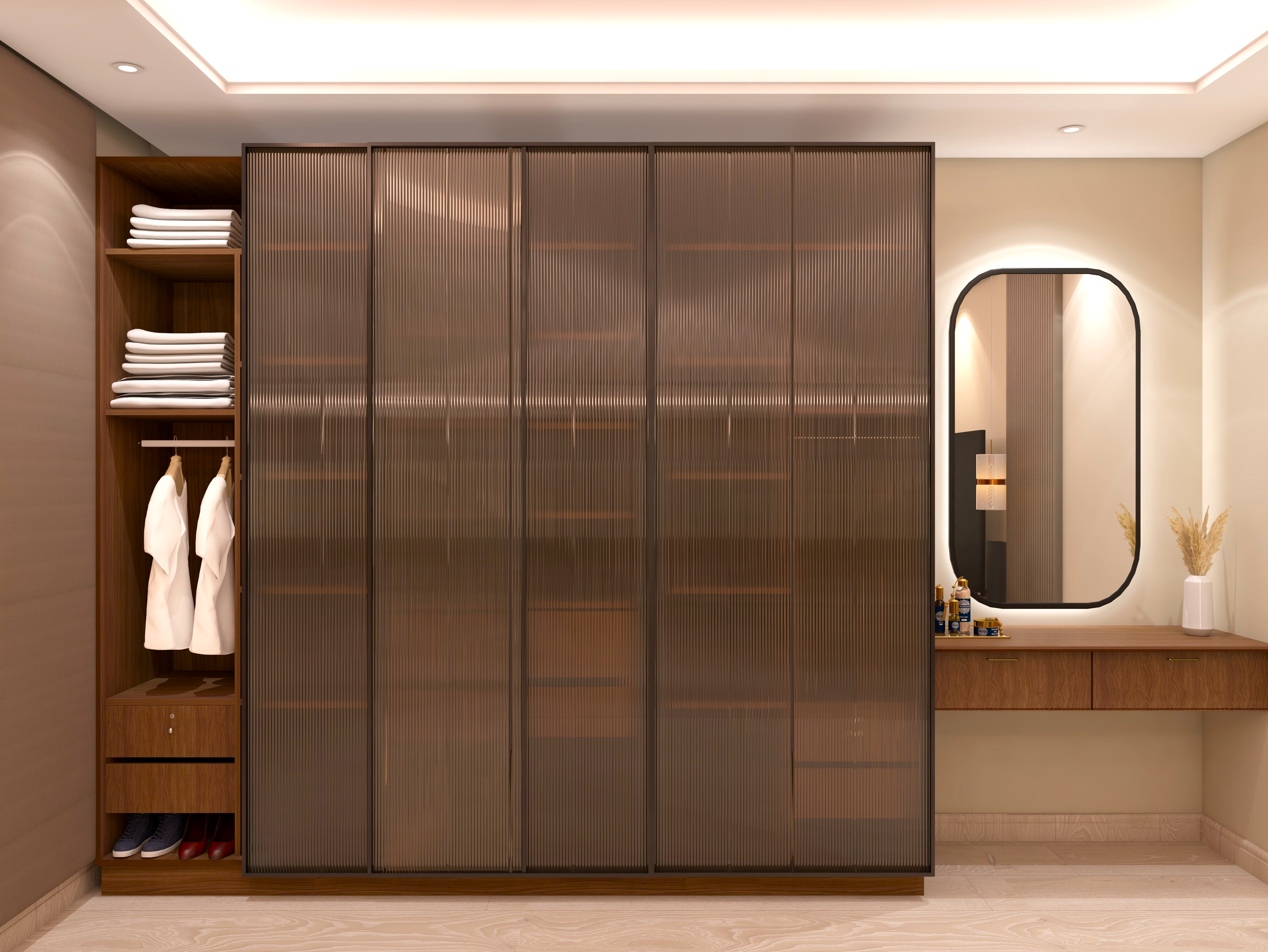 Fluted glass sliding wardrobe with led mirror and dresser-Beautiful Homes