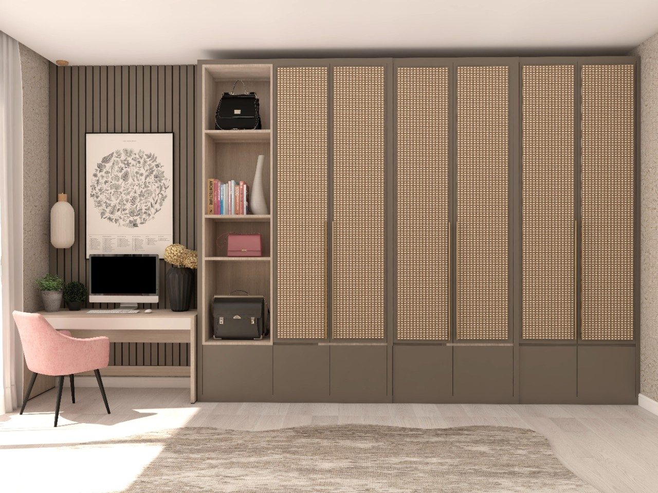 Full height hinge wardrobe with cane shutters and integrated open shelves - Beautiful Homes