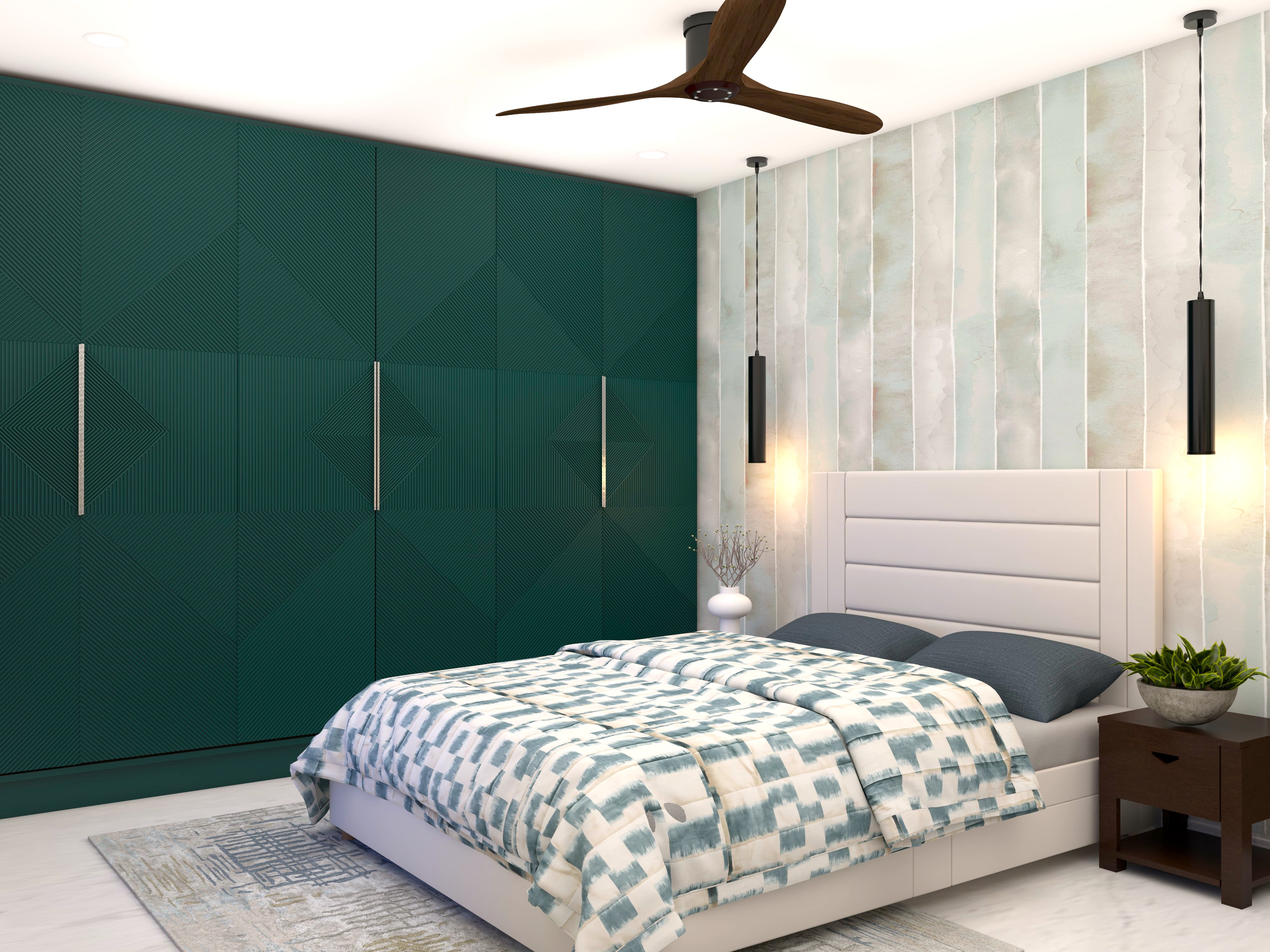 Bedroom with hinged wardrobe and silver handles-Beautiful Homes