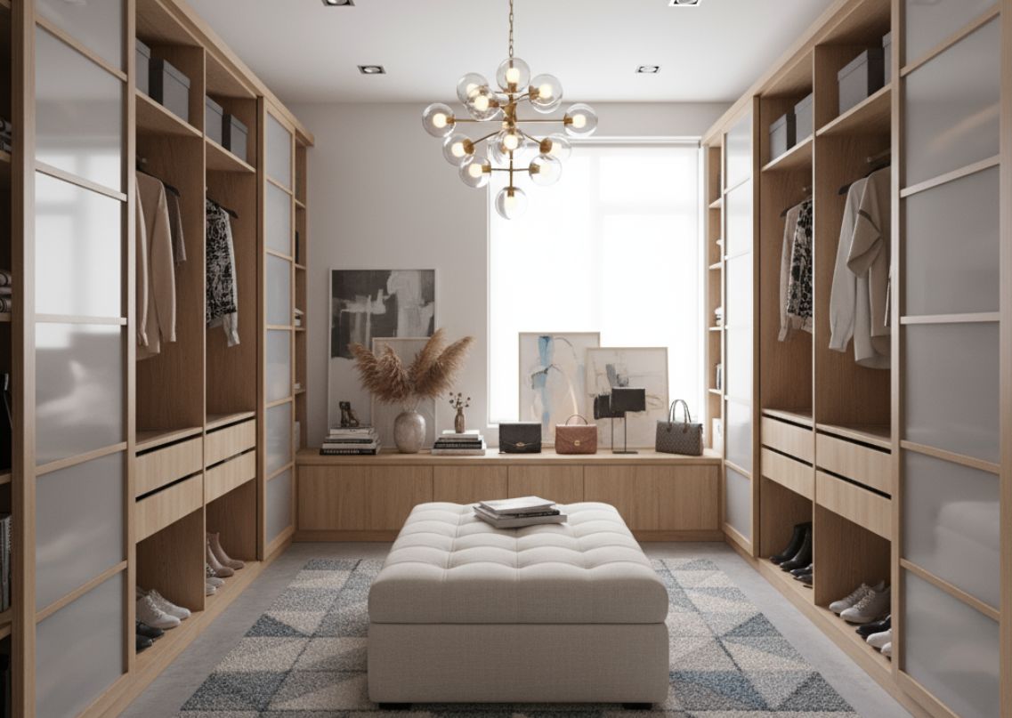 Modern wardrobe with wooden finish and glass doors - Beautiful Homes