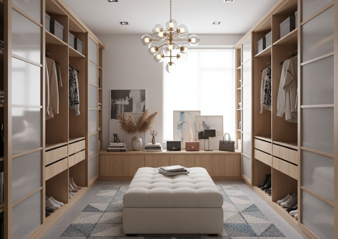Modern wardrobe with wooden finish and glass doors - Beautiful Homes